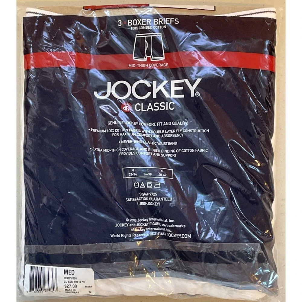 Jockey Classic 3 Pack Boxer Briefs Mid Thigh Coverage 100% Combed Cotton Medium